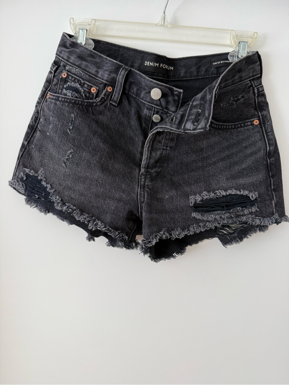 Denim Forum Washed Charcoal Distressed Frayed Denim Shorts